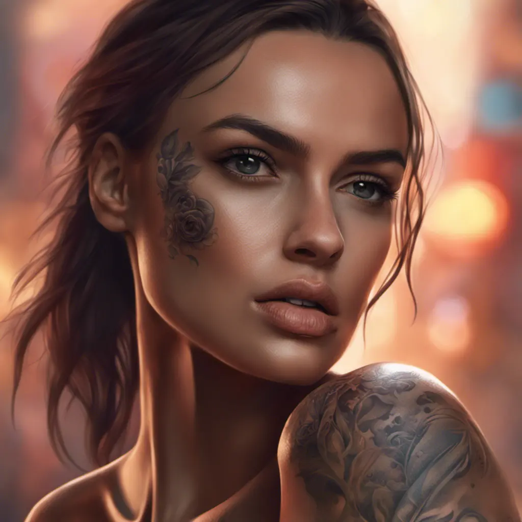 Matte portrait of Irina Shayk with tattoos, 8k, Highly Detailed, Alluring, Artstation, Bokeh effect, Sharp Focus, Volumetric Lighting, Concept Art by Stanley Artgerm Lau, Greg Rutkowski