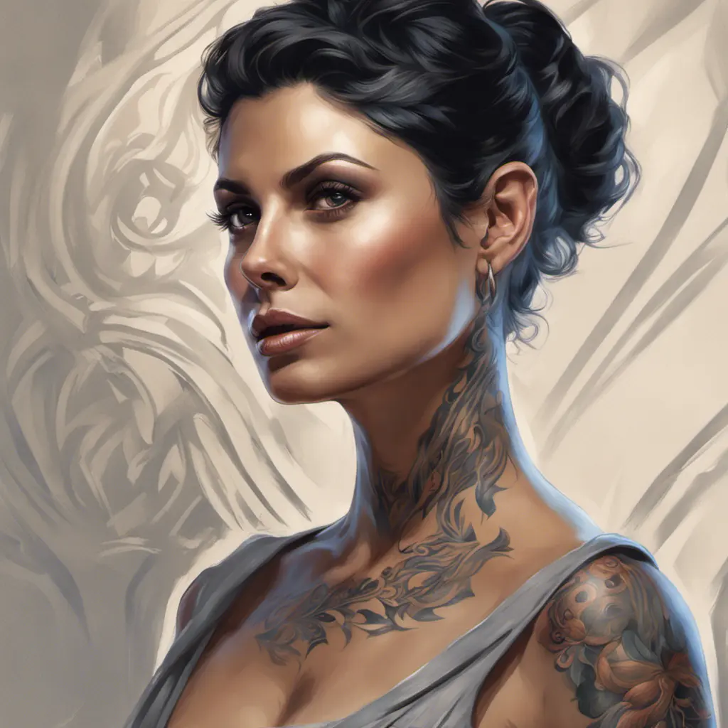 Matte portrait of Morena Baccarin with tattoos, 8k, Highly Detailed, Powerful, Alluring, Artstation, Magical, Digital Painting, Photo Realistic, Sharp Focus, Volumetric Lighting, Concept Art by Stanley Artgerm Lau, Alphonse Mucha, Greg Rutkowski