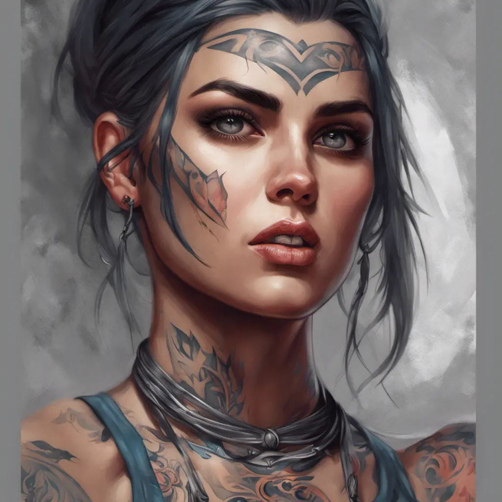 Colorful portrait of a tattooed Kassandra with a grey scale face, 4k, Highly Detailed, Hyper Detailed, Powerful, Artstation, Vintage Illustration, Digital Painting, Sharp Focus, Smooth, Concept Art by Stanley Artgerm Lau, Greg Rutkowski