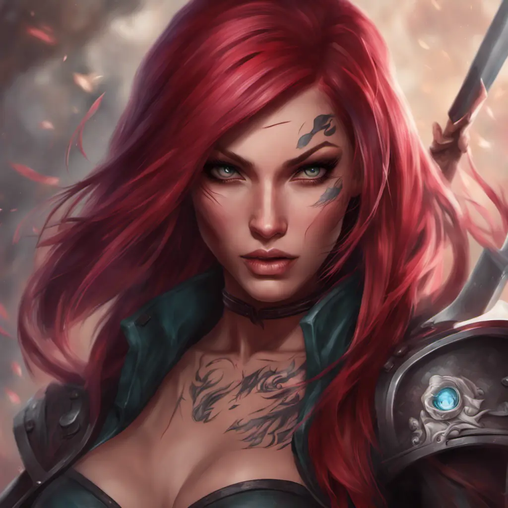 Matte portrait of Katarina from League of Legends with tattoos, 8k, Highly Detailed, Powerful, Alluring, Artstation, Magical, Digital Painting, Photo Realistic, Sharp Focus, Volumetric Lighting, Concept Art by Stanley Artgerm Lau, Alphonse Mucha, Greg Rutkowski