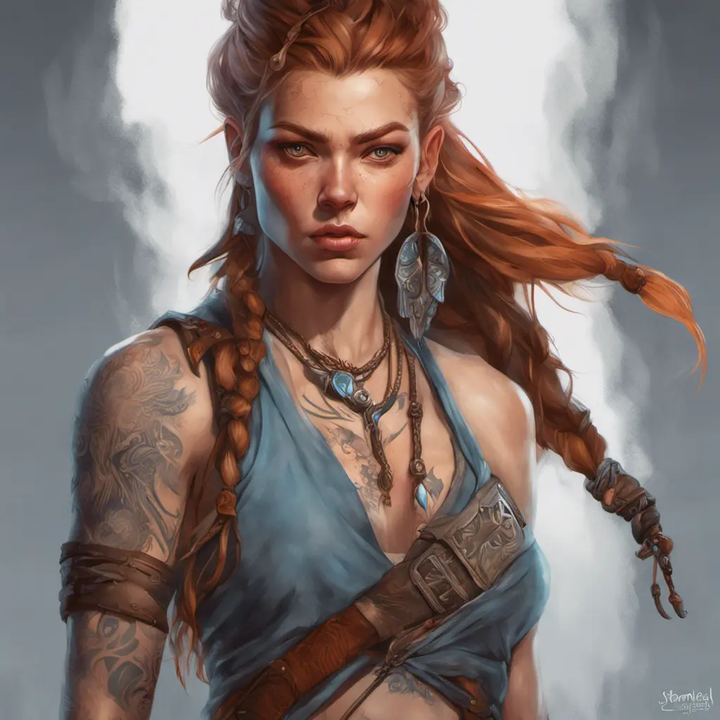 Matte portrait of Aloy with tattoos, 8k, Highly Detailed, Powerful, Alluring, Artstation, Magical, Digital Painting, Photo Realistic, Sharp Focus, Volumetric Lighting, Concept Art by Stanley Artgerm Lau, Alphonse Mucha, Greg Rutkowski