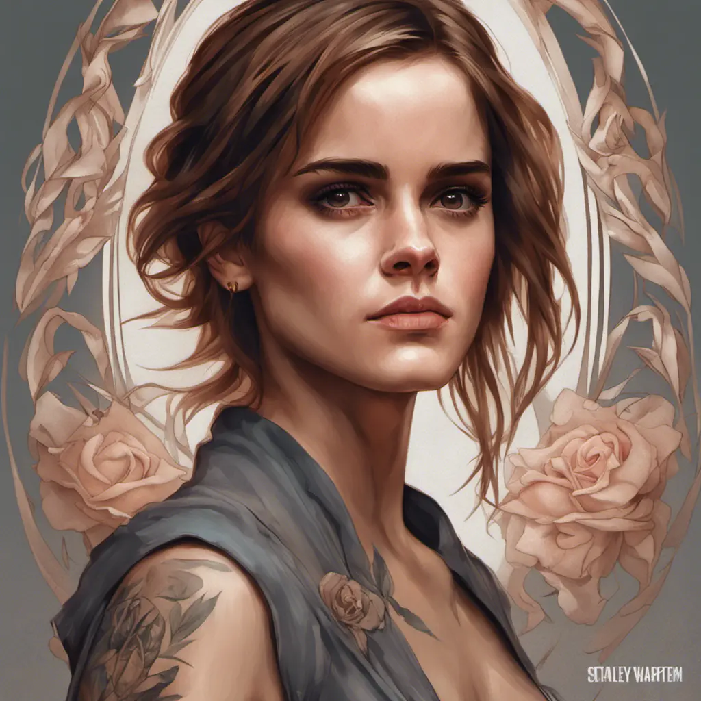 Matte portrait of Emma Watson with tattoos, 8k, Highly Detailed, Powerful, Alluring, Artstation, Magical, Digital Painting, Photo Realistic, Sharp Focus, Volumetric Lighting, Concept Art by Stanley Artgerm Lau, Alphonse Mucha, Greg Rutkowski