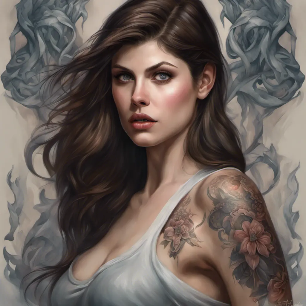 Matte portrait of Alexandra Daddario with tattoos, 8k, Highly Detailed, Powerful, Alluring, Artstation, Magical, Digital Painting, Photo Realistic, Sharp Focus, Volumetric Lighting, Concept Art by Stanley Artgerm Lau, Alphonse Mucha, Greg Rutkowski