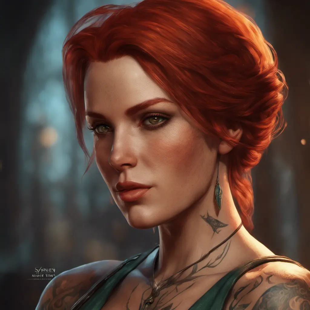 Matte portrait of Triss Merigold with tattoos, 8k, Highly Detailed, Alluring, Artstation, Bokeh effect, Sharp Focus, Volumetric Lighting, Concept Art by Stanley Artgerm Lau, Greg Rutkowski