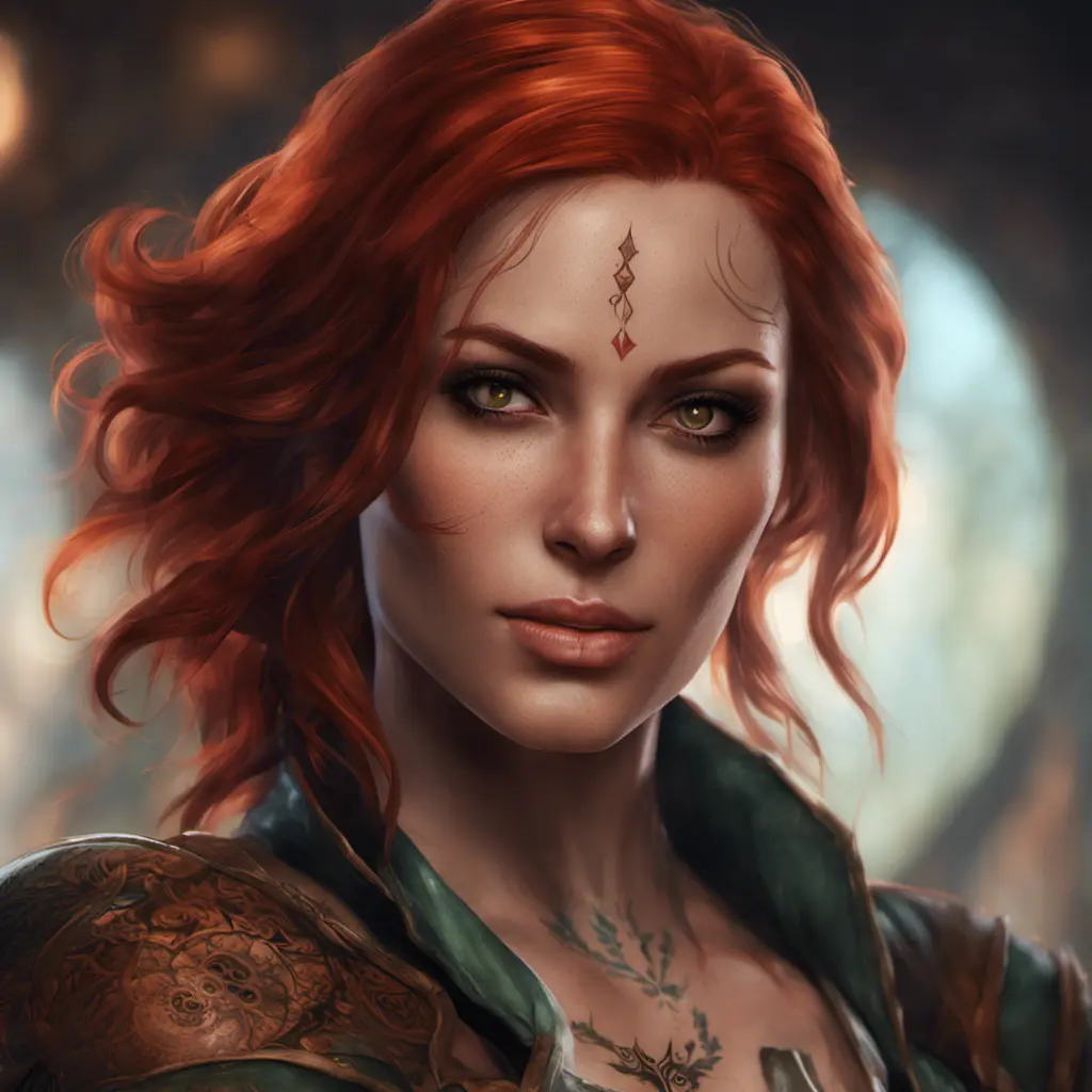 Matte portrait of Triss Merigold with tattoos, 8k, Highly Detailed, Alluring, Artstation, Bokeh effect, Sharp Focus, Volumetric Lighting, Concept Art by Stanley Artgerm Lau, Greg Rutkowski