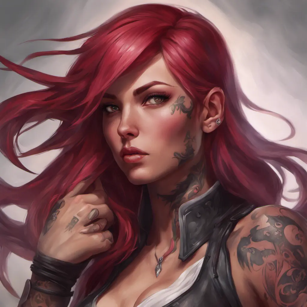 Matte portrait of Katarina from League of Legends with tattoos, 8k, Highly Detailed, Powerful, Alluring, Artstation, Magical, Digital Painting, Photo Realistic, Sharp Focus, Volumetric Lighting, Concept Art by Stanley Artgerm Lau, Alphonse Mucha, Greg Rutkowski