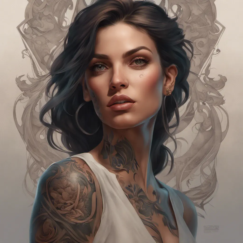 Matte portrait of Allesandra Ambrosio with tattoos, 8k, Highly Detailed, Powerful, Alluring, Artstation, Magical, Digital Painting, Photo Realistic, Sharp Focus, Volumetric Lighting, Concept Art by Stanley Artgerm Lau, Alphonse Mucha, Greg Rutkowski