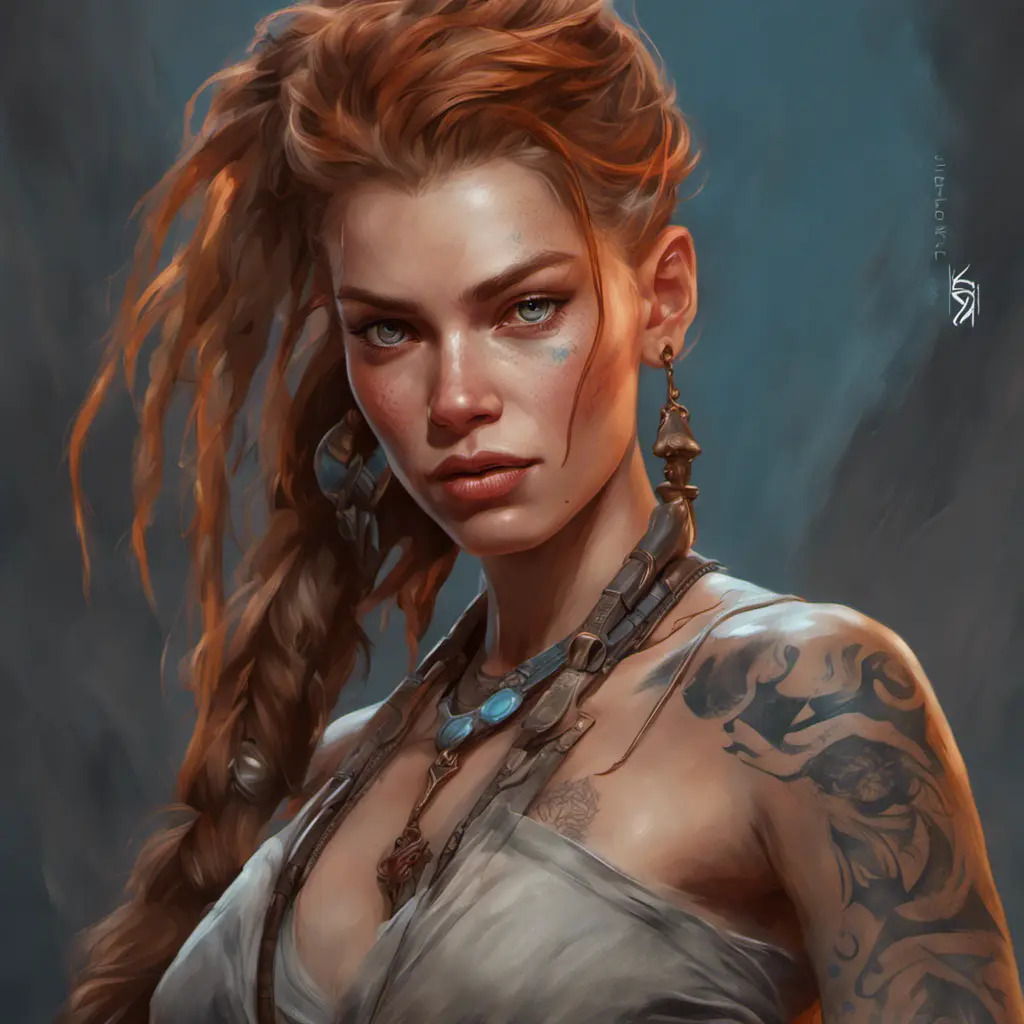 Matte portrait of Aloy with tattoos, 8k, Highly Detailed, Powerful, Alluring, Artstation, Magical, Digital Painting, Photo Realistic, Sharp Focus, Volumetric Lighting, Concept Art by Stanley Artgerm Lau, Alphonse Mucha, Greg Rutkowski