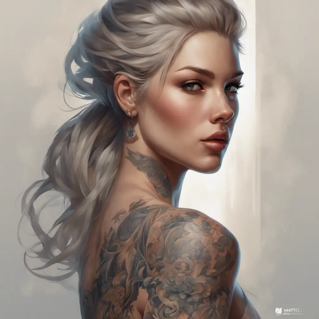 Matte portrait of A2 with tattoos, 8k, Highly Detailed, Powerful, Alluring, Artstation, Magical, Digital Painting, Photo Realistic, Sharp Focus, Volumetric Lighting, Concept Art by Stanley Artgerm Lau, Alphonse Mucha, Greg Rutkowski