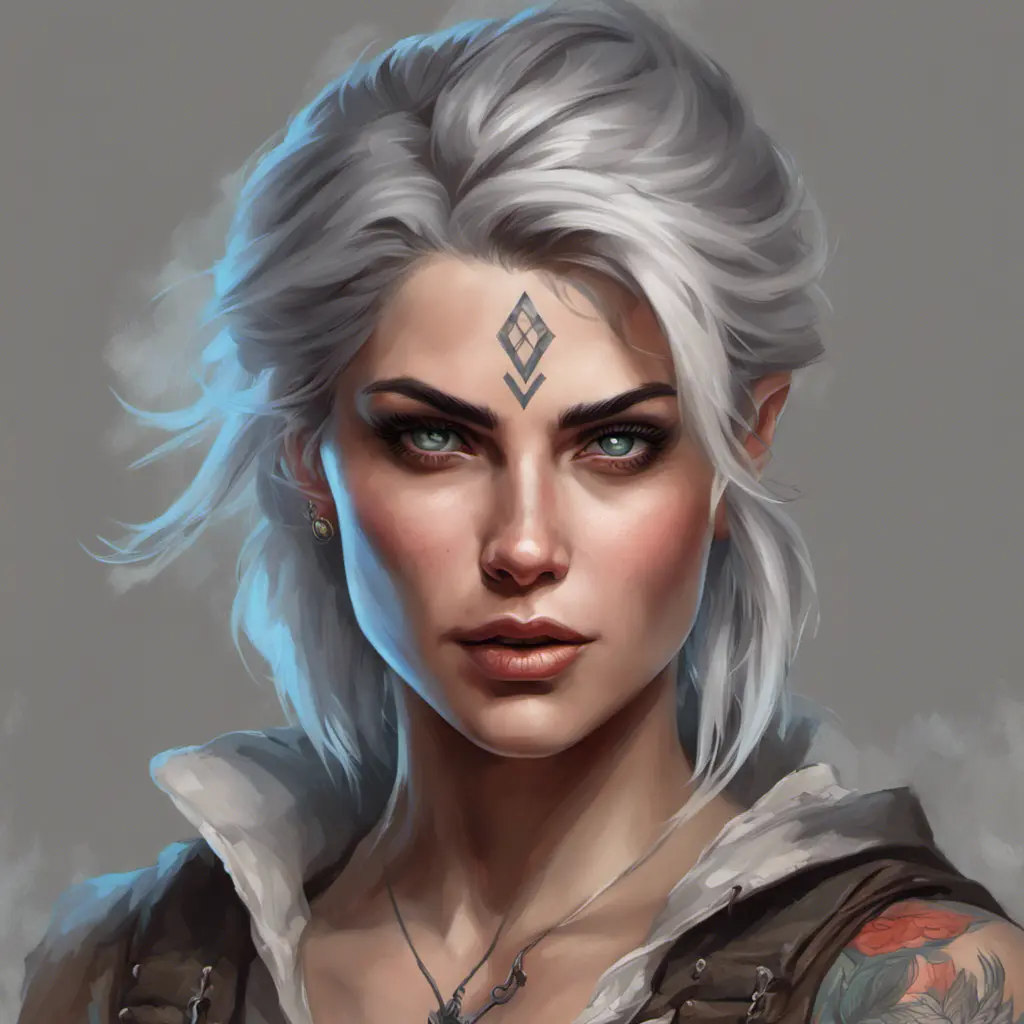 Colorful portrait of a tattooed Ciri with a grey scale face, 4k, Highly Detailed, Hyper Detailed, Powerful, Artstation, Vintage Illustration, Digital Painting, Sharp Focus, Smooth, Concept Art by Stanley Artgerm Lau, Greg Rutkowski