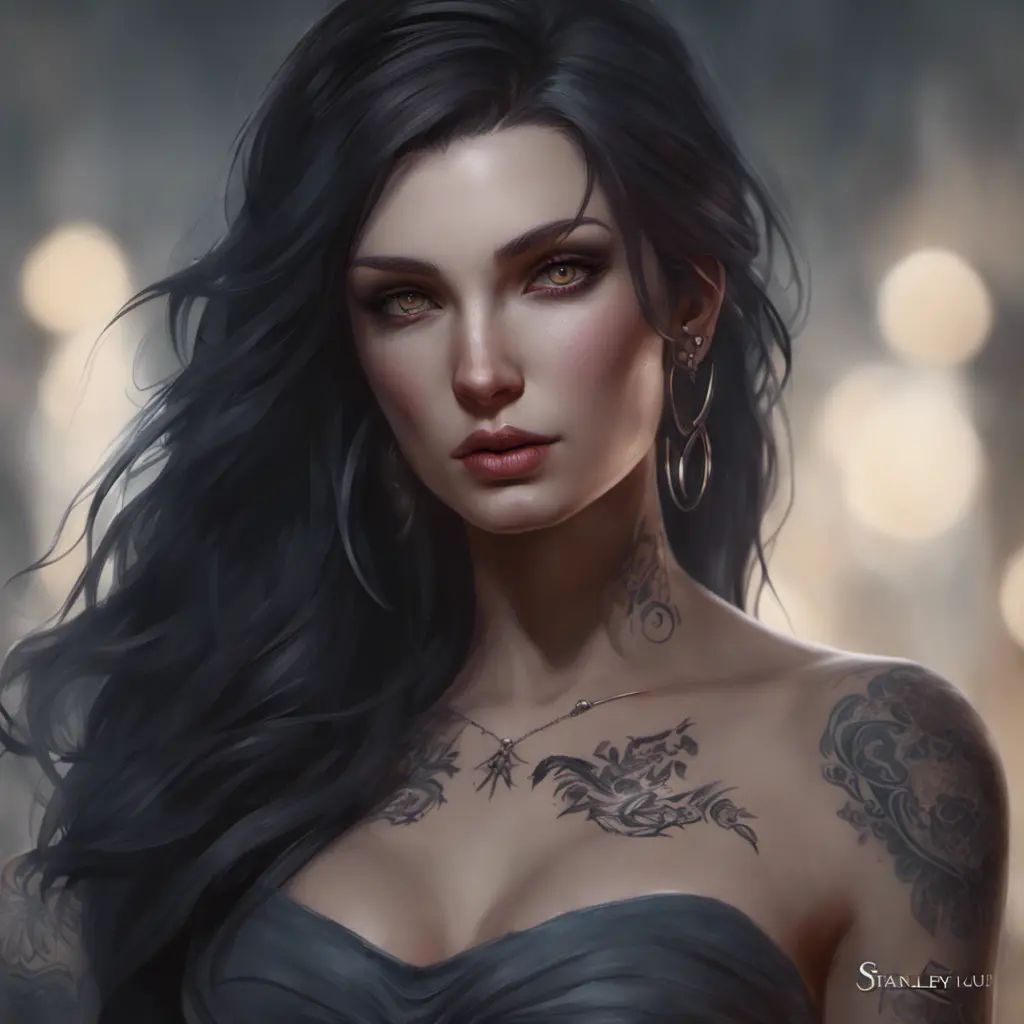 Matte portrait of Morgana with tattoos, 8k, Highly Detailed, Alluring, Artstation, Bokeh effect, Sharp Focus, Volumetric Lighting, Concept Art by Stanley Artgerm Lau, Greg Rutkowski