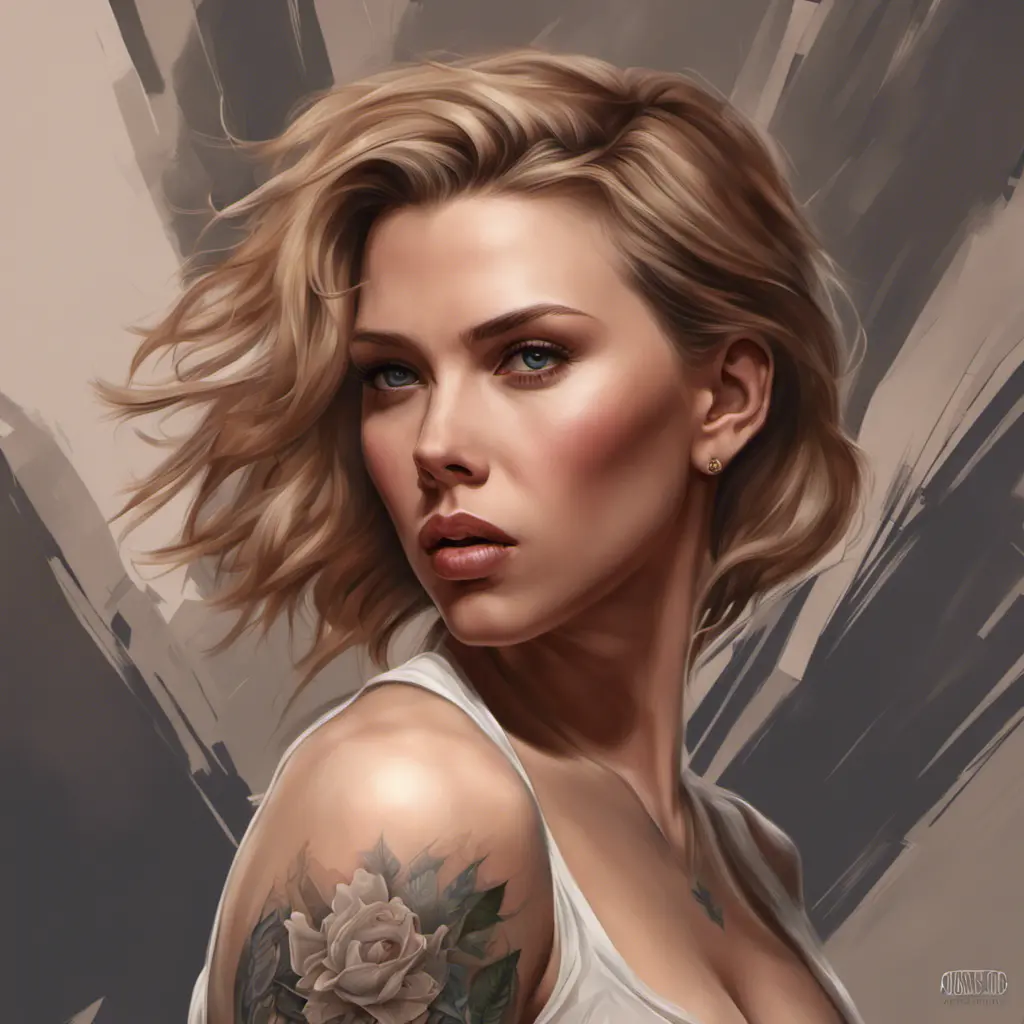 Matte portrait of Scarlett Johansson with tattoos, 8k, Highly Detailed, Powerful, Alluring, Artstation, Magical, Digital Painting, Photo Realistic, Sharp Focus, Volumetric Lighting, Concept Art by Stanley Artgerm Lau, Alphonse Mucha, Greg Rutkowski