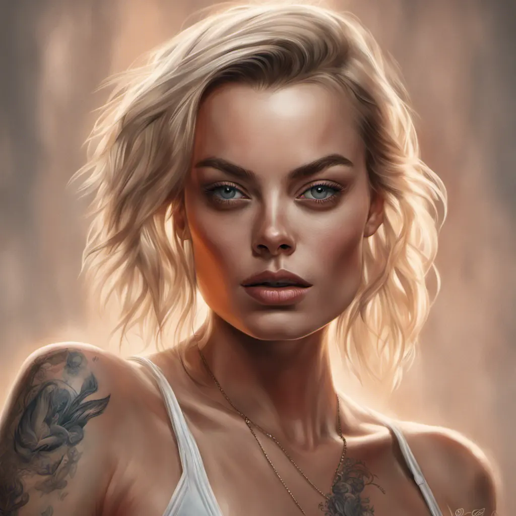 Matte portrait of Margot Robbie with tattoos, 8k, Highly Detailed, Powerful, Alluring, Artstation, Magical, Digital Painting, Photo Realistic, Sharp Focus, Volumetric Lighting, Concept Art by Stanley Artgerm Lau, Alphonse Mucha, Greg Rutkowski