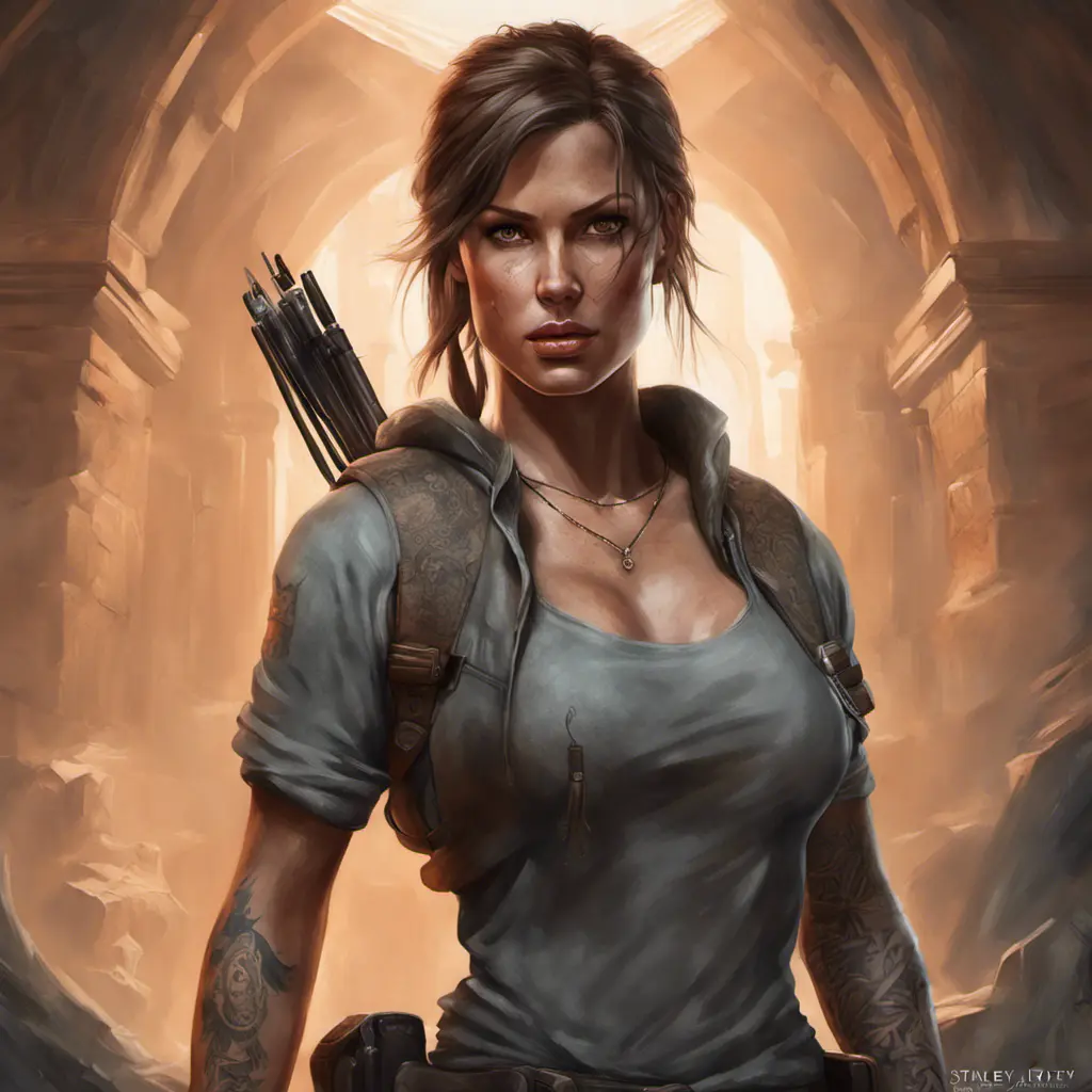 Matte portrait of Lara Croft with tattoos, 8k, Highly Detailed, Powerful, Alluring, Artstation, Magical, Digital Painting, Photo Realistic, Sharp Focus, Volumetric Lighting, Concept Art by Stanley Artgerm Lau, Alphonse Mucha, Greg Rutkowski