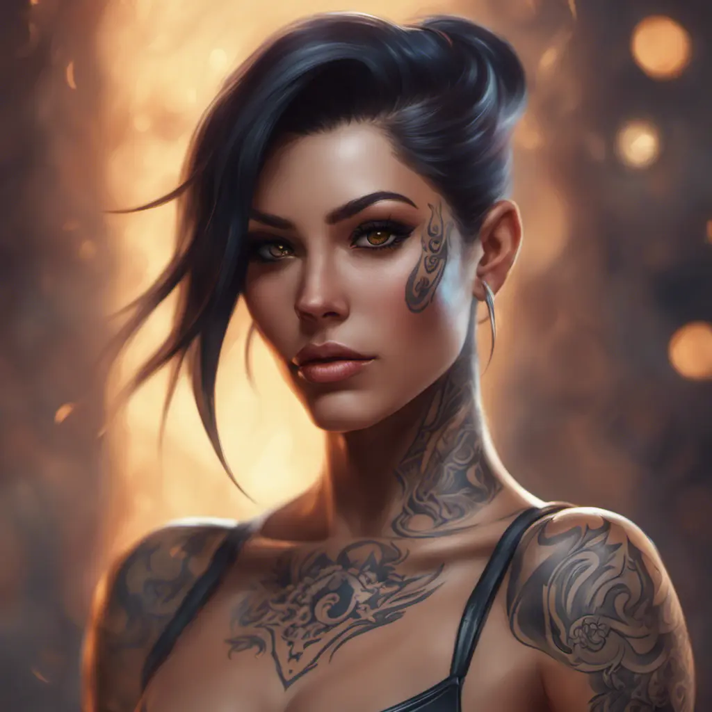 Matte portrait of Sivir with tattoos, 8k, Highly Detailed, Alluring, Artstation, Bokeh effect, Sharp Focus, Volumetric Lighting, Concept Art by Stanley Artgerm Lau, Greg Rutkowski