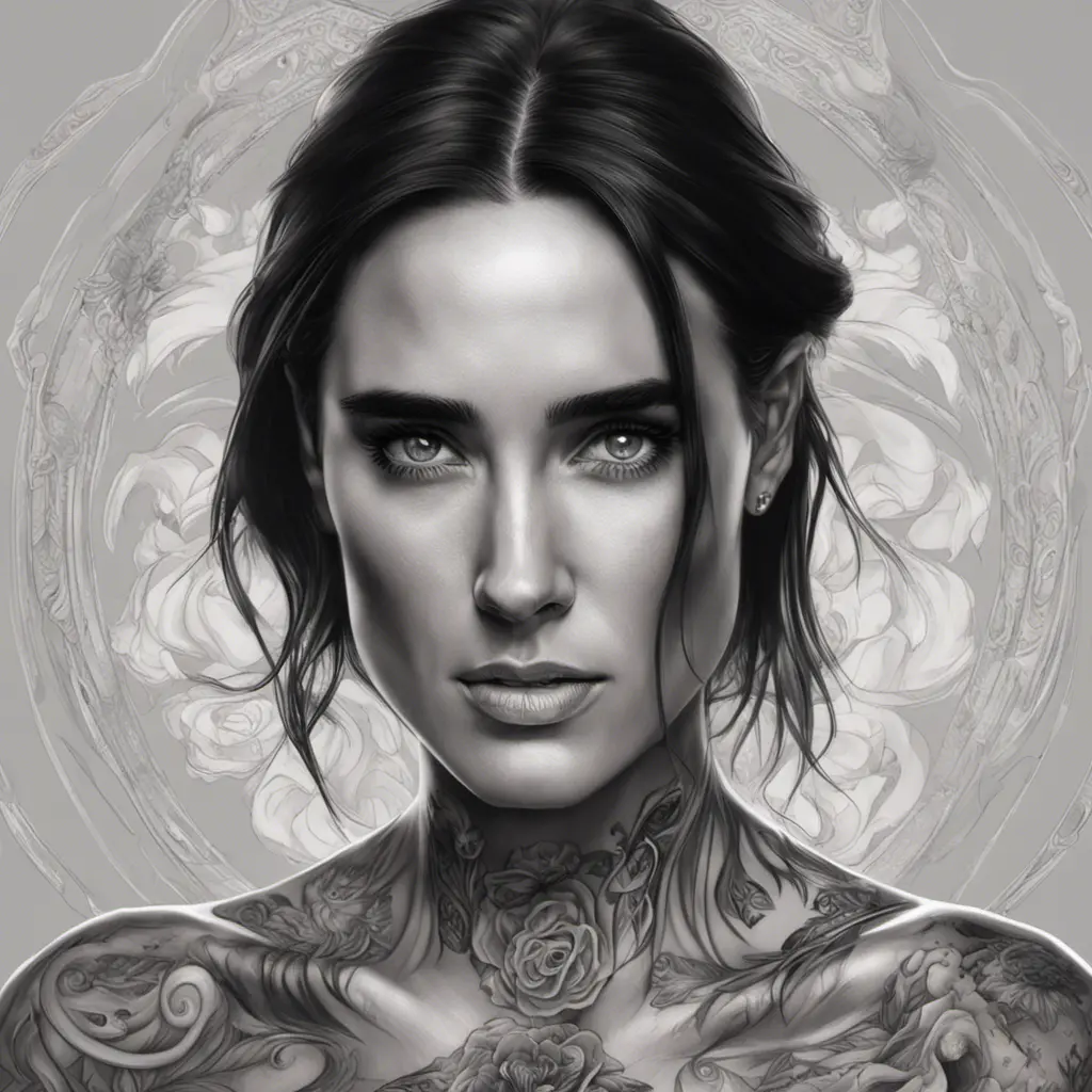 Matte portrait of Jennifer Connelly with tattoos, 8k, Highly Detailed, Powerful, Alluring, Artstation, Magical, Digital Painting, Photo Realistic, Sharp Focus, Volumetric Lighting, Concept Art by Stanley Artgerm Lau, Alphonse Mucha, Greg Rutkowski