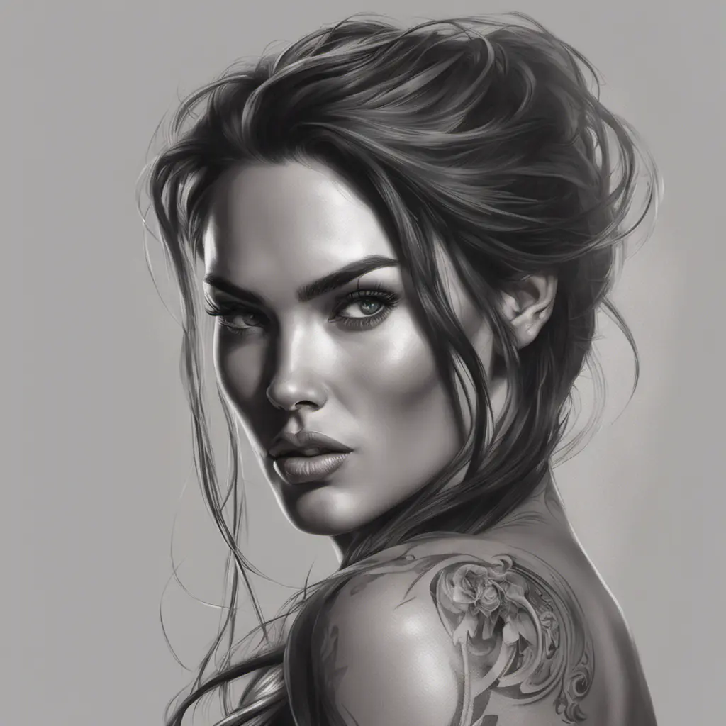 Matte portrait of Megan Fox with tattoos, 8k, Highly Detailed, Powerful, Alluring, Artstation, Magical, Digital Painting, Photo Realistic, Sharp Focus, Volumetric Lighting, Concept Art by Stanley Artgerm Lau, Alphonse Mucha, Greg Rutkowski