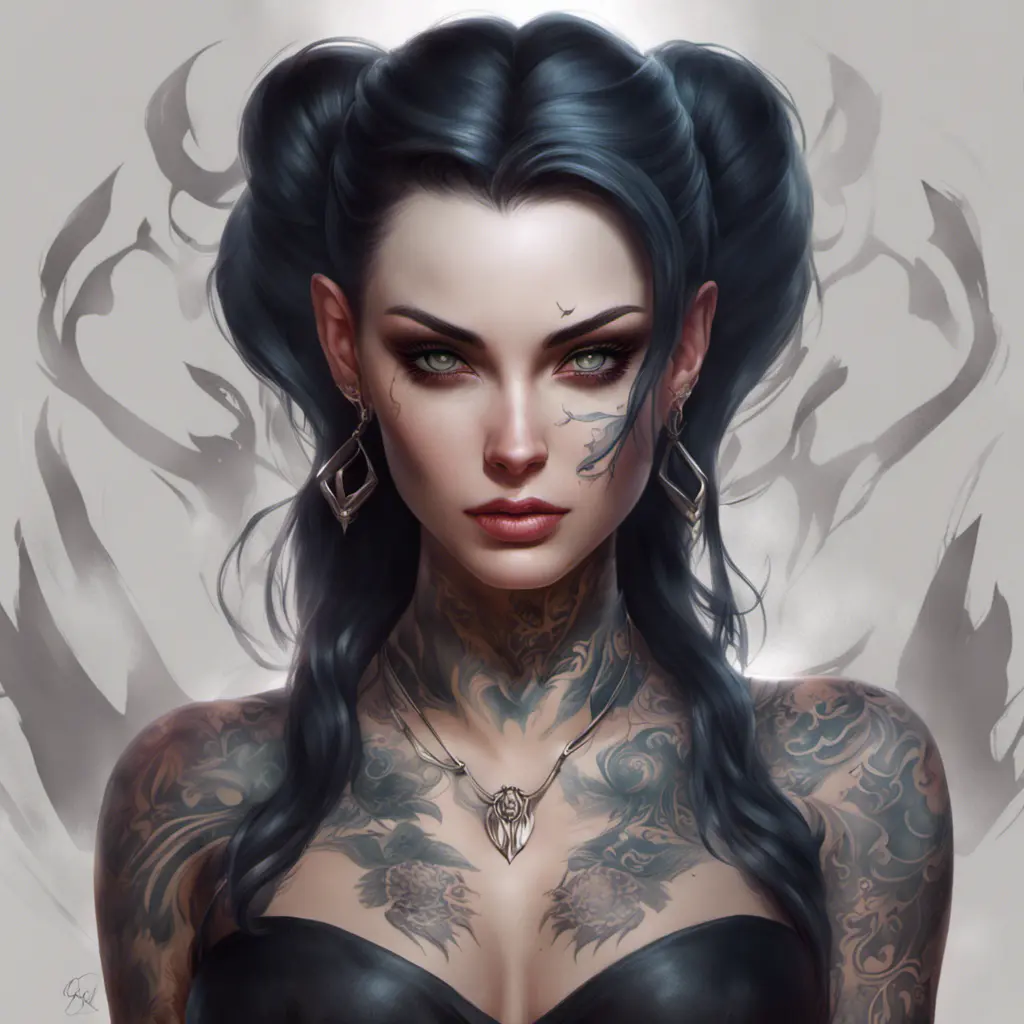 Matte portrait of Morgana with tattoos, 8k, Highly Detailed, Alluring, Artstation, Bokeh effect, Sharp Focus, Volumetric Lighting, Concept Art by Stanley Artgerm Lau, Greg Rutkowski