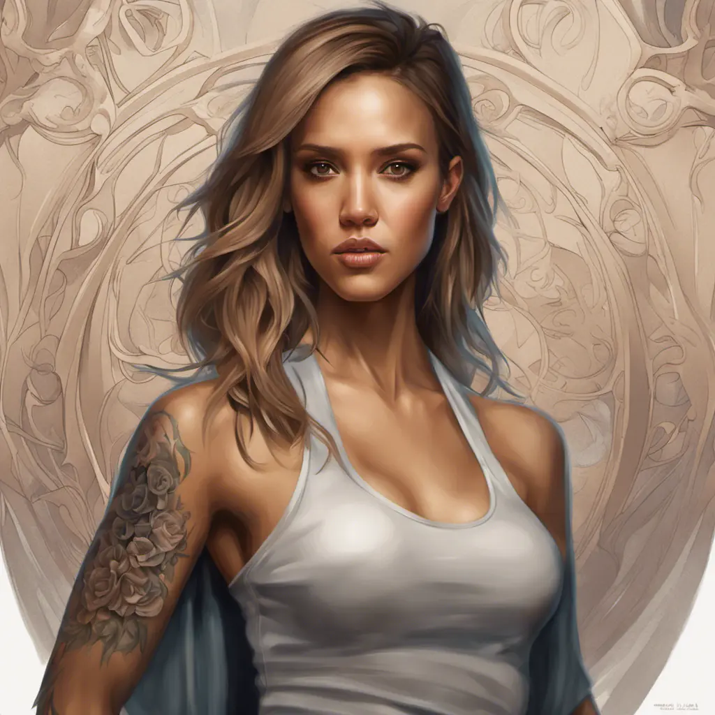 Matte portrait of Jessica Alba with tattoos, 8k, Highly Detailed, Powerful, Alluring, Artstation, Magical, Digital Painting, Photo Realistic, Sharp Focus, Volumetric Lighting, Concept Art by Stanley Artgerm Lau, Alphonse Mucha, Greg Rutkowski