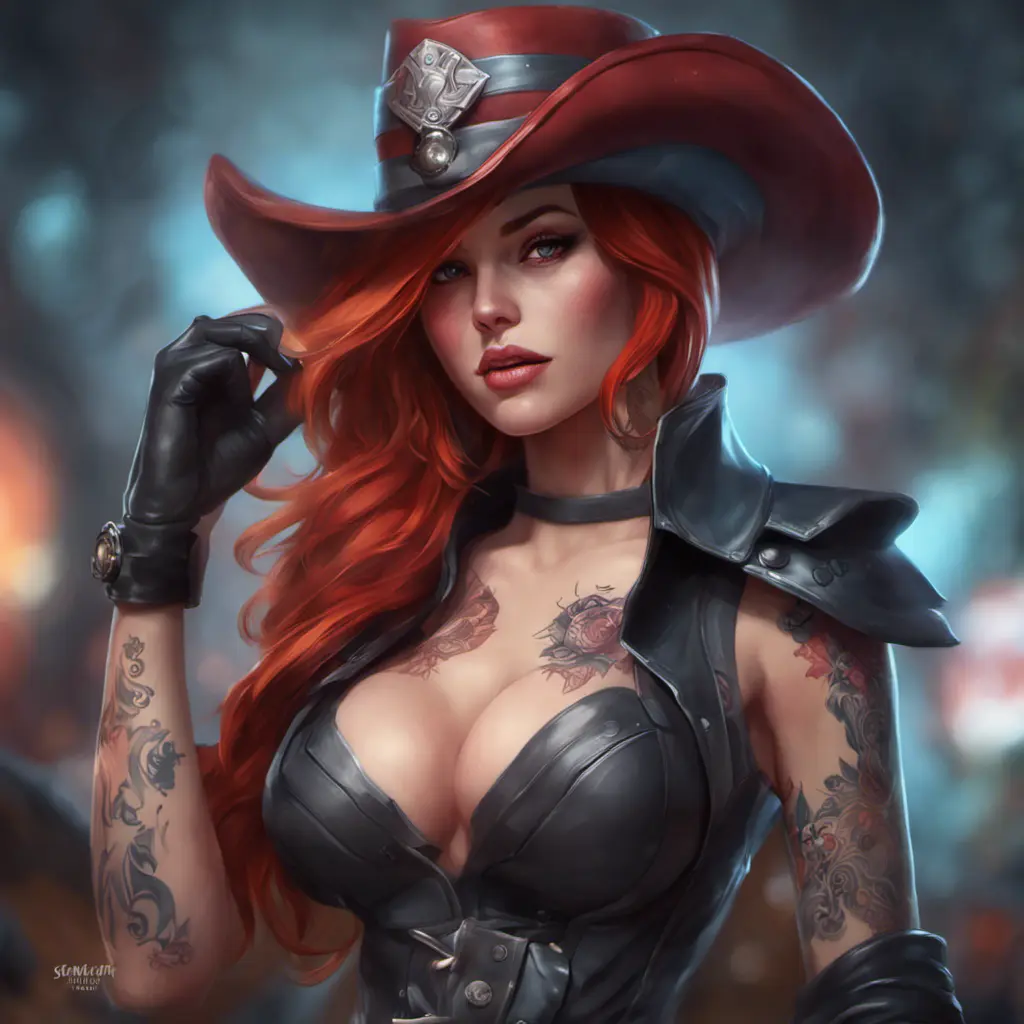 Matte portrait of Miss Fortune with tattoos, 8k, Highly Detailed, Alluring, Artstation, Bokeh effect, Sharp Focus, Volumetric Lighting, Concept Art by Stanley Artgerm Lau, Greg Rutkowski