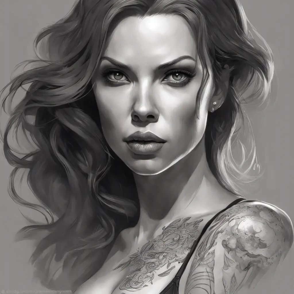 Matte portrait of Black Widow with tattoos, 8k, Highly Detailed, Powerful, Alluring, Artstation, Magical, Digital Painting, Photo Realistic, Sharp Focus, Volumetric Lighting, Concept Art by Stanley Artgerm Lau, Alphonse Mucha, Greg Rutkowski