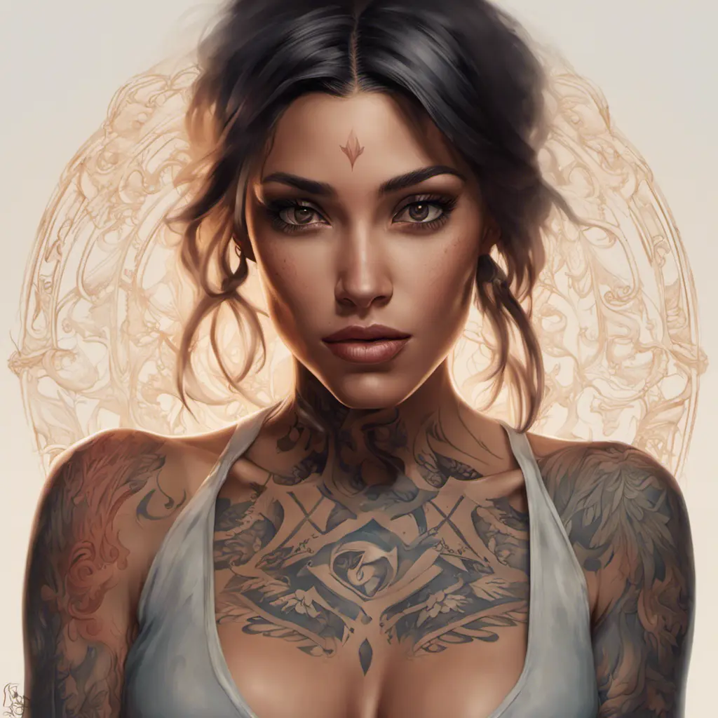 Matte portrait of Zoe Saldaña with tattoos, 8k, Highly Detailed, Powerful, Alluring, Artstation, Magical, Digital Painting, Photo Realistic, Sharp Focus, Volumetric Lighting, Concept Art by Stanley Artgerm Lau, Alphonse Mucha, Greg Rutkowski