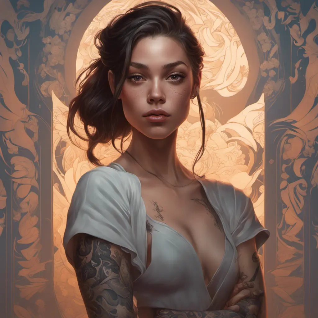 Matte portrait of Olivia Rodrigo with tattoos, 8k, Highly Detailed, Powerful, Alluring, Artstation, Magical, Digital Painting, Photo Realistic, Sharp Focus, Volumetric Lighting, Concept Art by Stanley Artgerm Lau, Alphonse Mucha, Greg Rutkowski