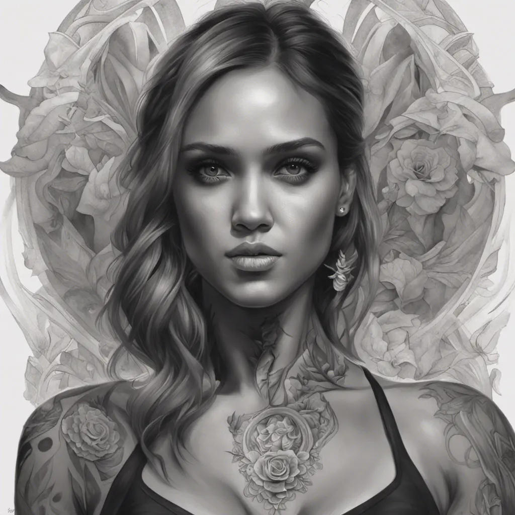 Matte portrait of Jessica Alba with tattoos, 8k, Highly Detailed, Powerful, Alluring, Artstation, Magical, Digital Painting, Photo Realistic, Sharp Focus, Volumetric Lighting, Concept Art by Stanley Artgerm Lau, Alphonse Mucha, Greg Rutkowski