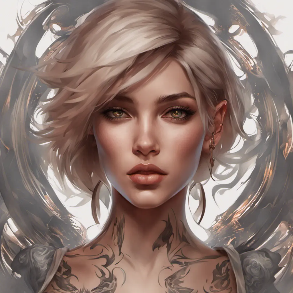 Matte portrait of Quinn with tattoos, 8k, Highly Detailed, Powerful, Alluring, Artstation, Magical, Digital Painting, Photo Realistic, Sharp Focus, Volumetric Lighting, Concept Art by Stanley Artgerm Lau, Alphonse Mucha, Greg Rutkowski