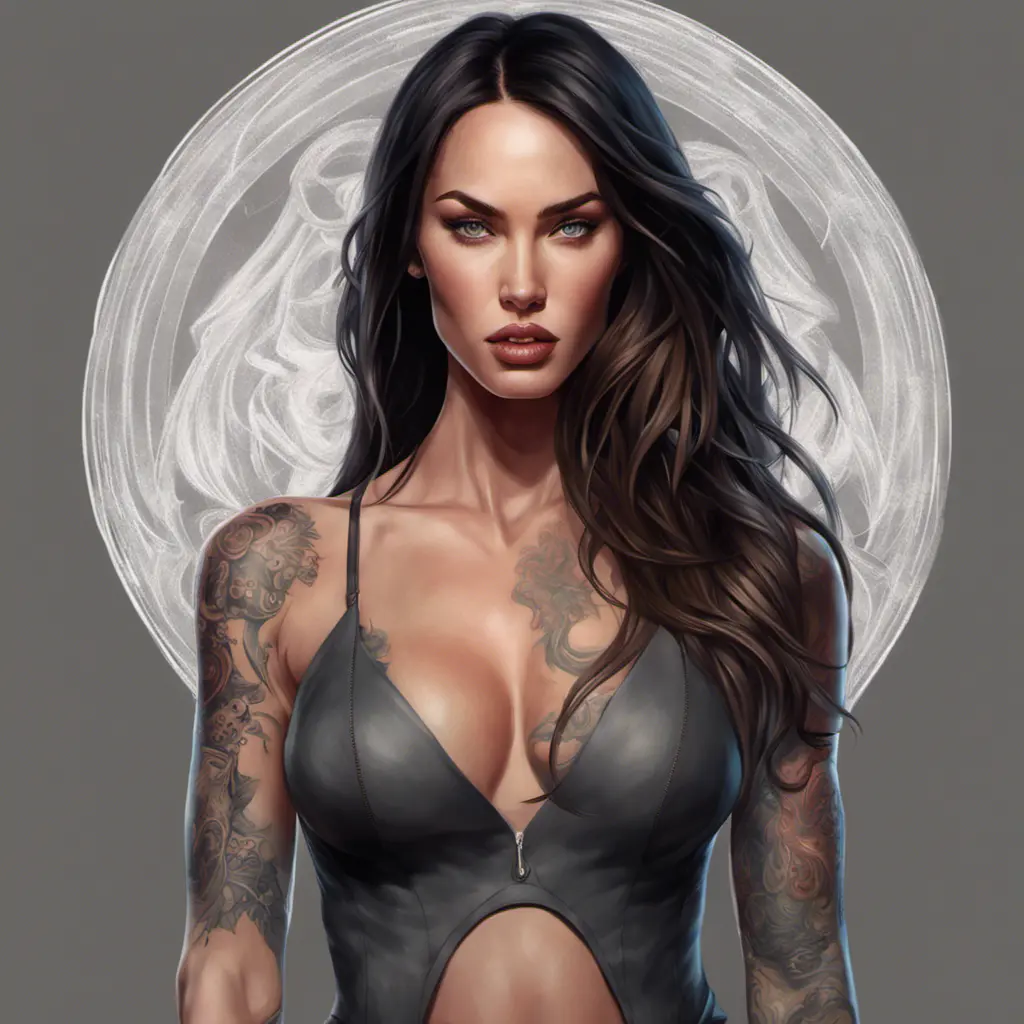 Matte portrait of Megan Fox with tattoos, 8k, Highly Detailed, Powerful, Alluring, Artstation, Magical, Digital Painting, Photo Realistic, Sharp Focus, Volumetric Lighting, Concept Art by Stanley Artgerm Lau, Alphonse Mucha, Greg Rutkowski