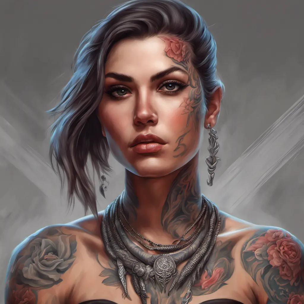 Colorful portrait of a tattooed Kassandra with a grey scale face, 4k, Highly Detailed, Hyper Detailed, Powerful, Artstation, Vintage Illustration, Digital Painting, Sharp Focus, Smooth, Concept Art by Stanley Artgerm Lau, Greg Rutkowski