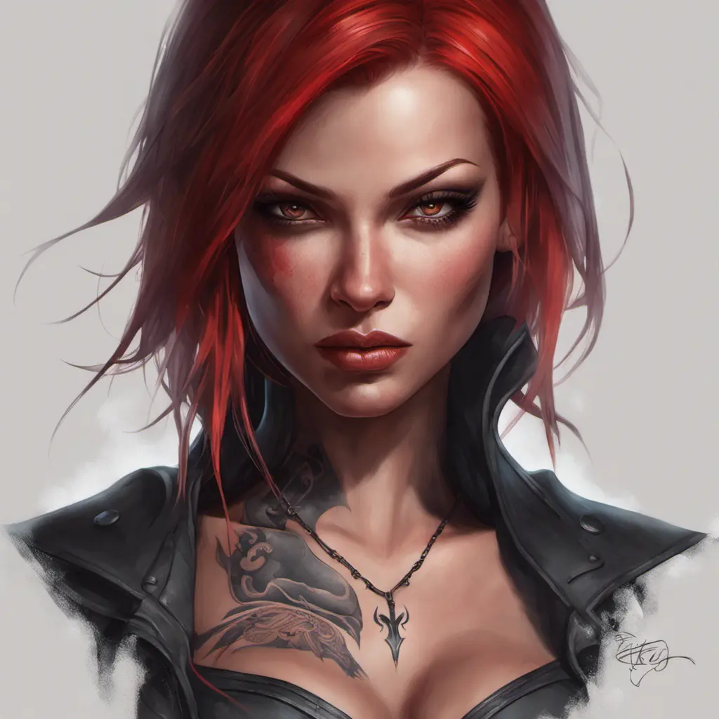 Matte portrait of BloodRayne  with tattoos, 8k, Highly Detailed, Powerful, Alluring, Artstation, Magical, Digital Painting, Photo Realistic, Sharp Focus, Volumetric Lighting, Concept Art by Stanley Artgerm Lau, Alphonse Mucha, Greg Rutkowski