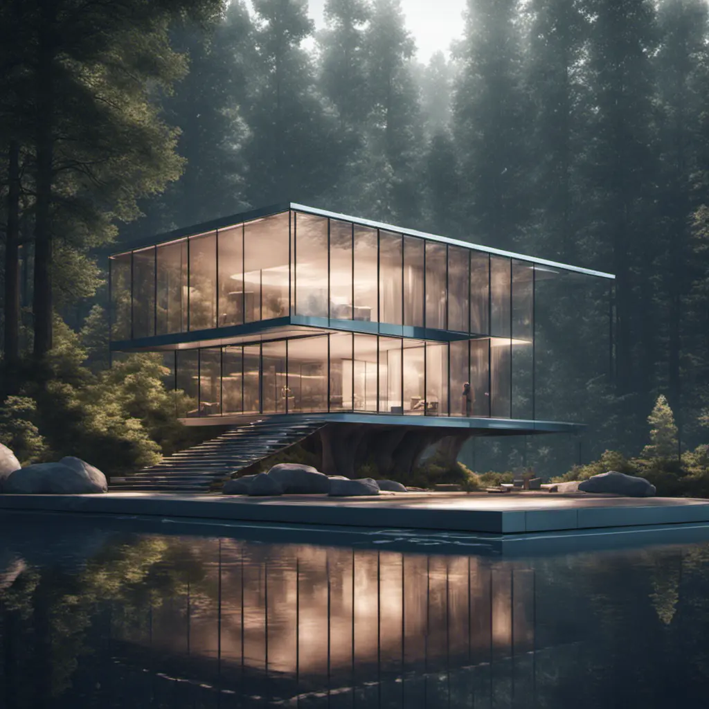 Beautiful futuristic architectural glass house in the forest on a large lake, 8k, Award-Winning, Highly Detailed, Beautiful, Epic, Octane Render, Unreal Engine, Radiant, Volumetric Lighting by Hans Baluschek