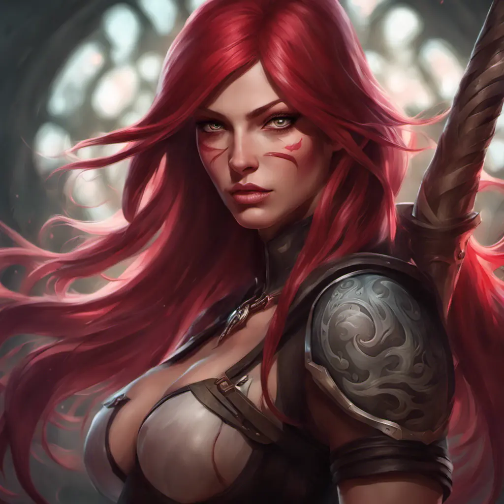 Matte portrait of Katarina from League of Legends with tattoos, 8k, Highly Detailed, Powerful, Alluring, Artstation, Magical, Digital Painting, Photo Realistic, Sharp Focus, Volumetric Lighting, Concept Art by Stanley Artgerm Lau, Alphonse Mucha, Greg Rutkowski