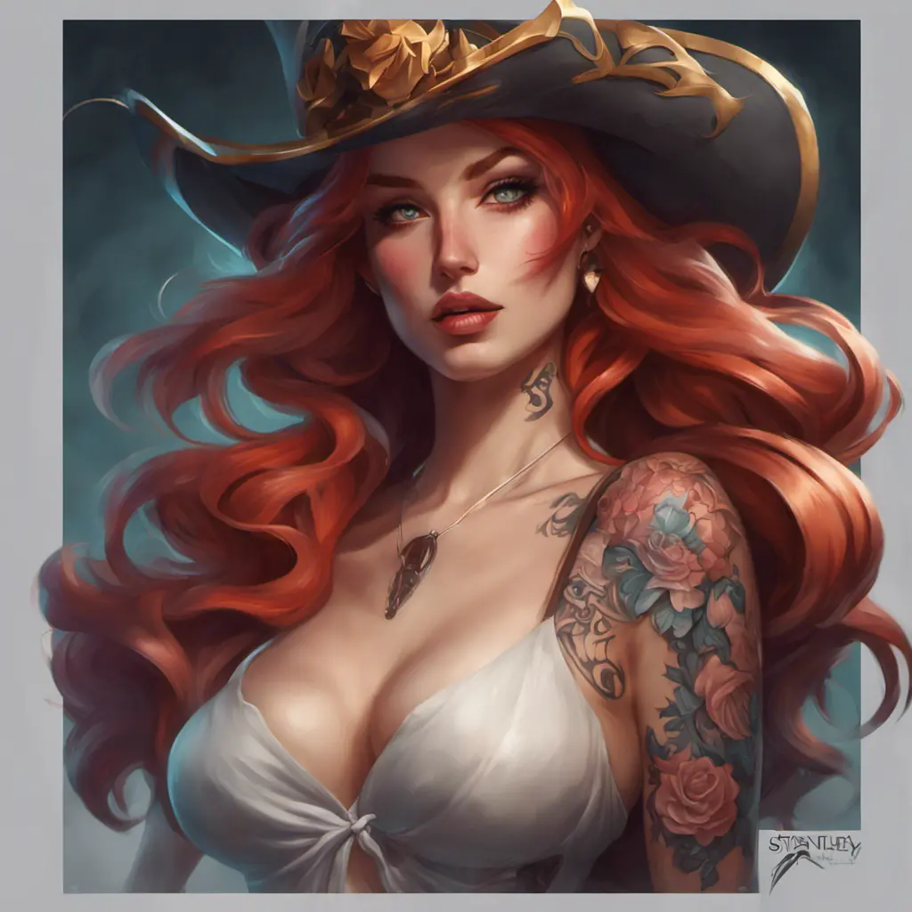 Matte portrait of Miss Fortune with tattoos, 8k, Highly Detailed, Alluring, Artstation, Magical, Digital Painting, Volumetric Lighting, Concept Art by Stanley Artgerm Lau, Alphonse Mucha, Greg Rutkowski