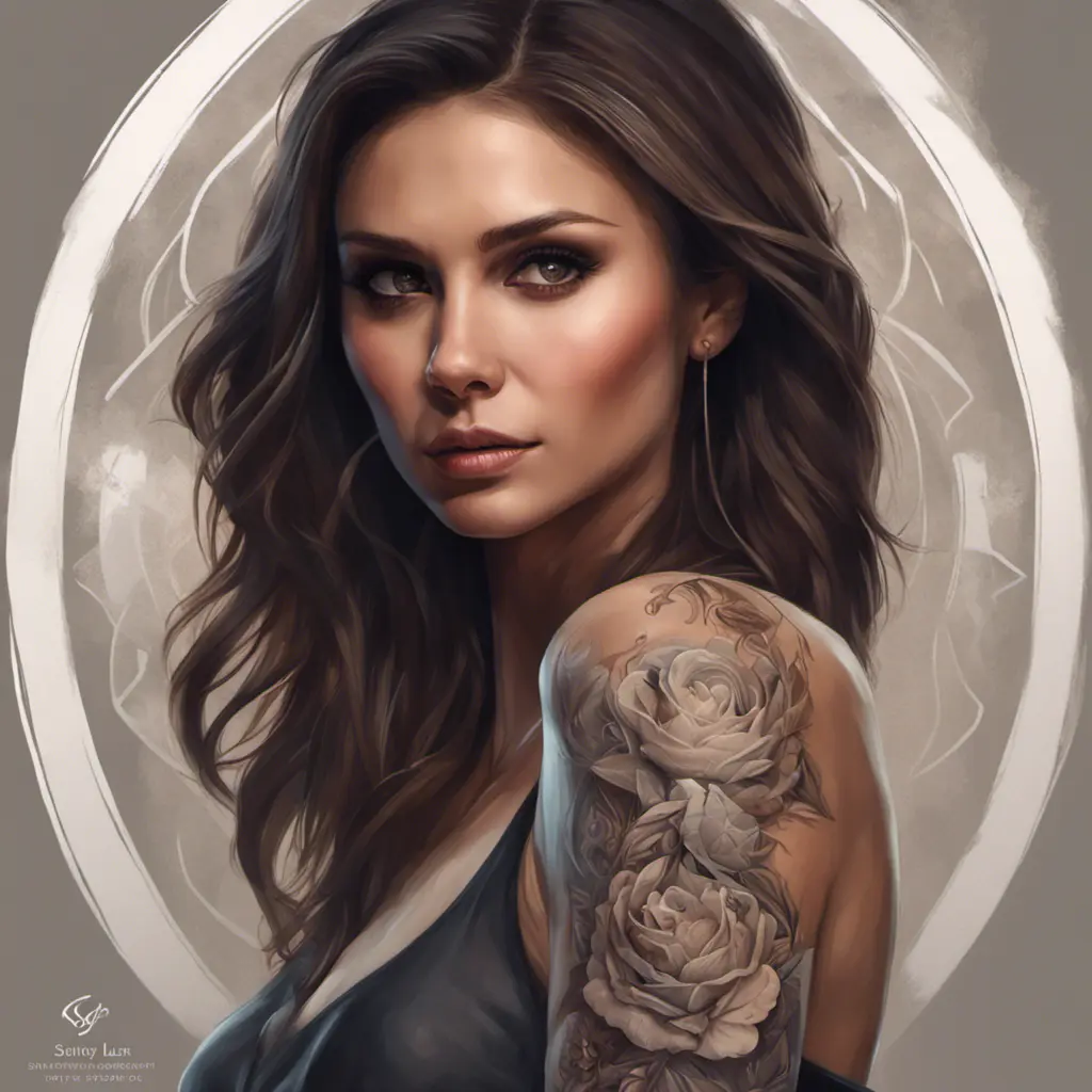 Matte portrait of Nina Dobrev with tattoos, 8k, Highly Detailed, Powerful, Alluring, Artstation, Magical, Digital Painting, Photo Realistic, Sharp Focus, Volumetric Lighting, Concept Art by Stanley Artgerm Lau, Alphonse Mucha, Greg Rutkowski