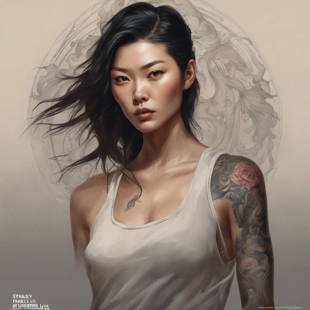 Matte portrait of Liu Wen with tattoos, 8k, Highly Detailed, Powerful, Alluring, Artstation, Magical, Digital Painting, Photo Realistic, Sharp Focus, Volumetric Lighting, Concept Art by Stanley Artgerm Lau, Alphonse Mucha, Greg Rutkowski