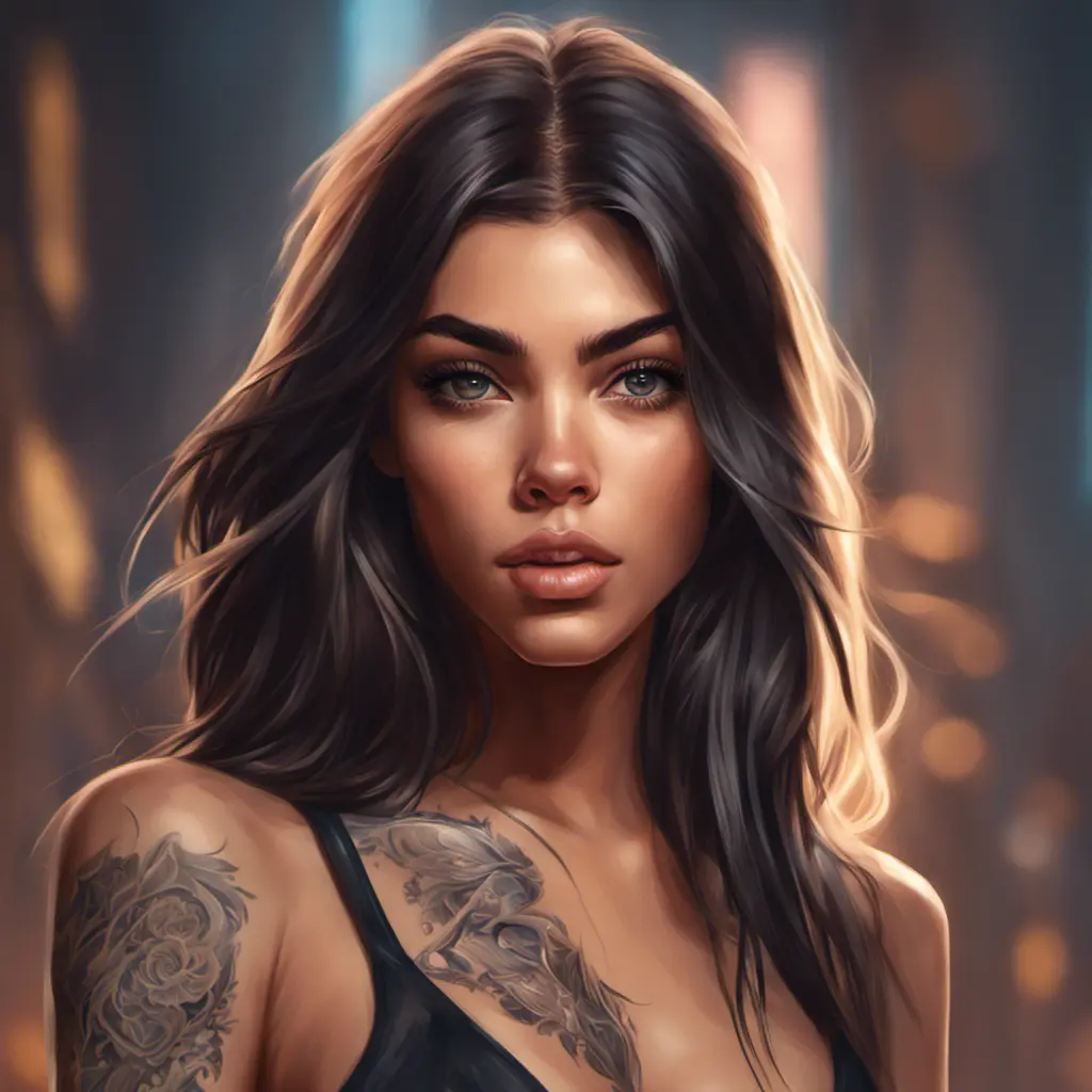 Matte portrait of Madison Beer with tattoos, 8k, Highly Detailed, Powerful, Alluring, Artstation, Magical, Digital Painting, Photo Realistic, Sharp Focus, Volumetric Lighting, Concept Art by Stanley Artgerm Lau, Alphonse Mucha, Greg Rutkowski