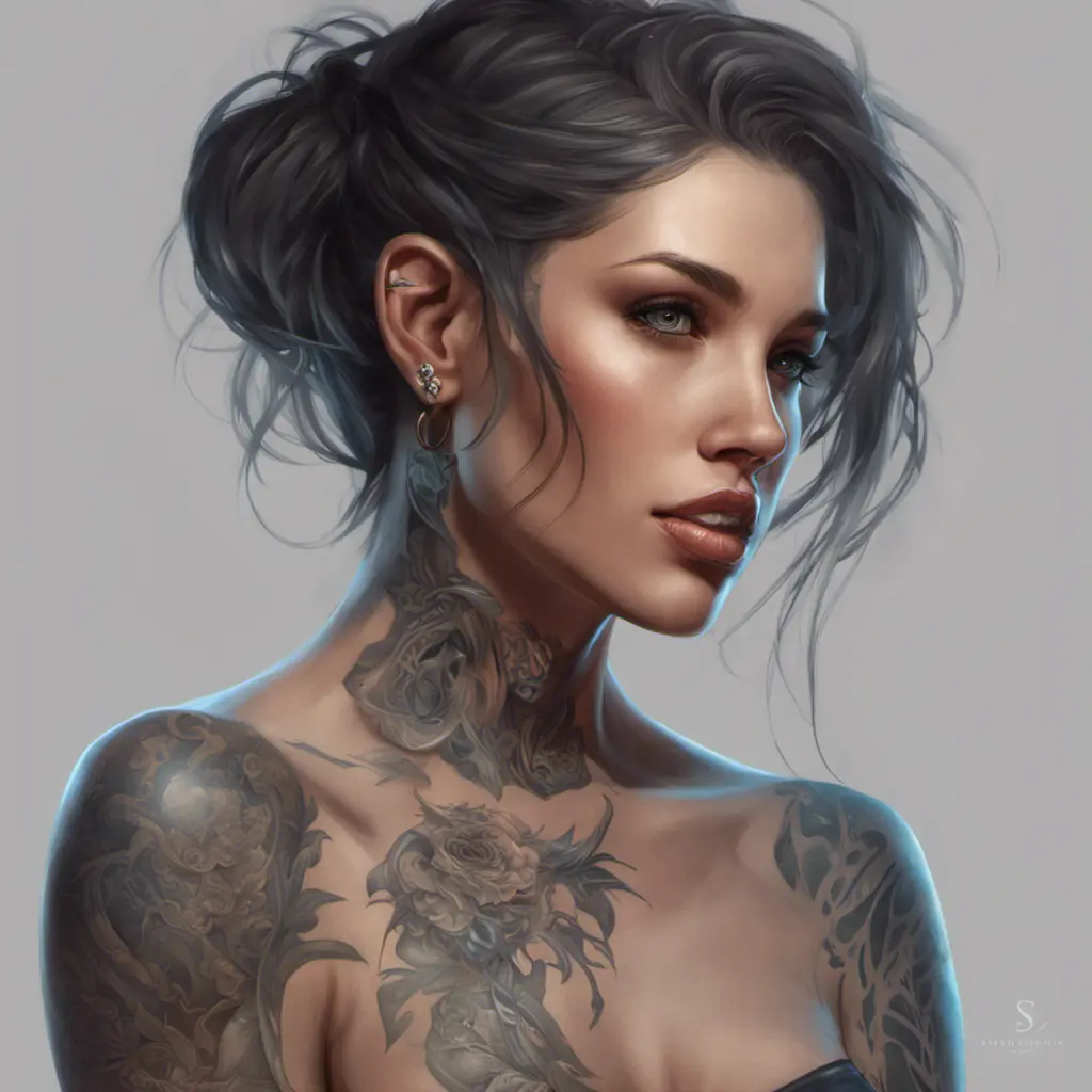 Matte portrait of Vex with tattoos, 8k, Highly Detailed, Powerful, Alluring, Artstation, Magical, Digital Painting, Photo Realistic, Sharp Focus, Volumetric Lighting, Concept Art by Stanley Artgerm Lau, Alphonse Mucha, Greg Rutkowski