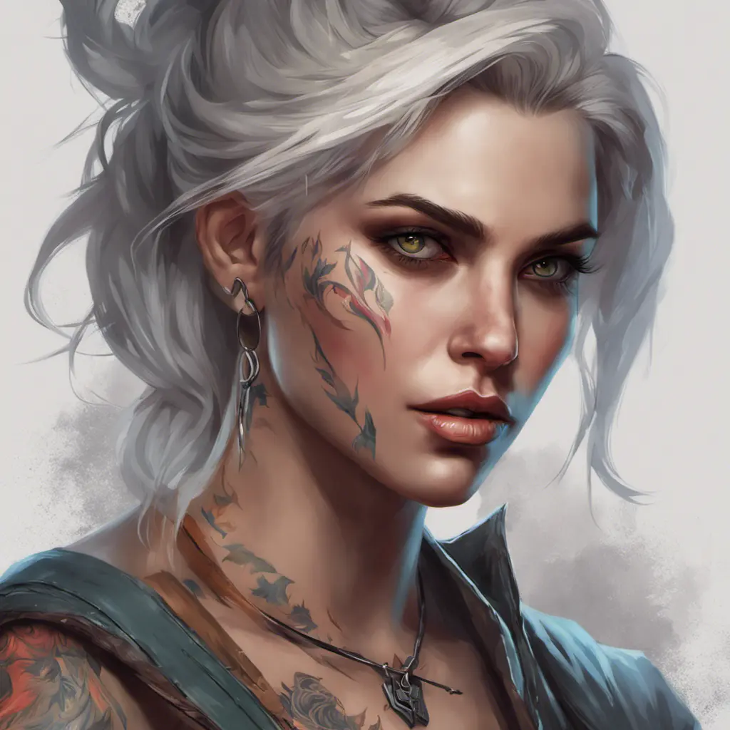 Colorful portrait of a tattooed Ciri with a grey scale face, 4k, Highly Detailed, Hyper Detailed, Powerful, Artstation, Vintage Illustration, Digital Painting, Sharp Focus, Smooth, Concept Art by Stanley Artgerm Lau, Greg Rutkowski