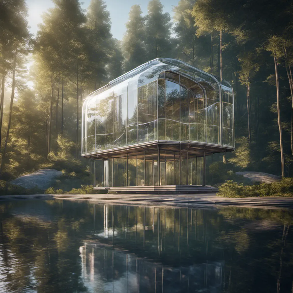 Beautiful futuristic architectural glass house in the forest on a large lake, 8k, Award-Winning, Highly Detailed, Beautiful, Epic, Octane Render, Unreal Engine, Radiant, Volumetric Lighting by Louis Comfort Tiffany