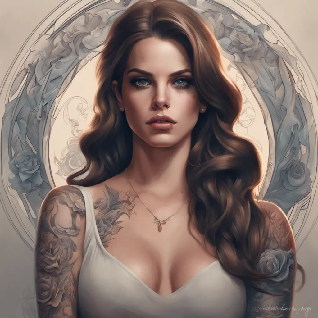 Matte portrait of Lana Del Rey with tattoos, 8k, Highly Detailed, Powerful, Alluring, Artstation, Magical, Digital Painting, Photo Realistic, Sharp Focus, Volumetric Lighting, Concept Art by Stanley Artgerm Lau, Alphonse Mucha, Greg Rutkowski