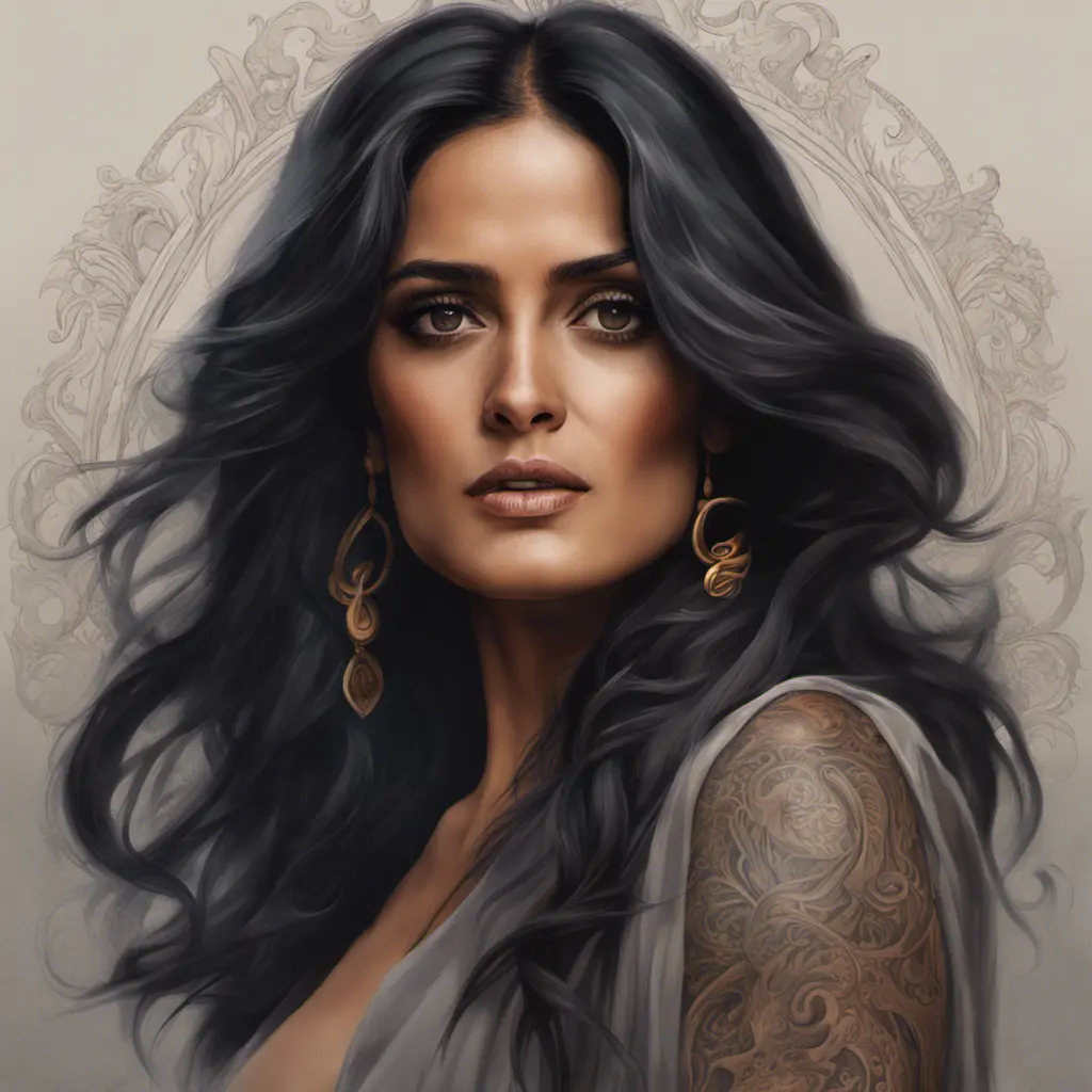 Matte portrait of Salma Hayek with tattoos, 8k, Highly Detailed, Powerful, Alluring, Artstation, Magical, Digital Painting, Photo Realistic, Sharp Focus, Volumetric Lighting, Concept Art by Stanley Artgerm Lau, Alphonse Mucha, Greg Rutkowski