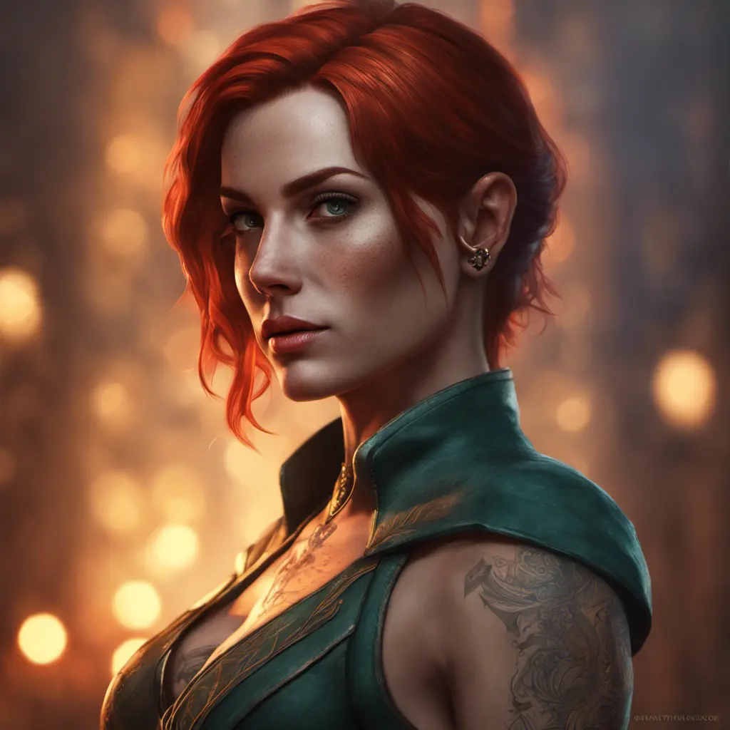 Matte portrait of Triss Merigold with tattoos, 8k, Highly Detailed, Alluring, Artstation, Bokeh effect, Sharp Focus, Volumetric Lighting, Concept Art by Stanley Artgerm Lau, Greg Rutkowski