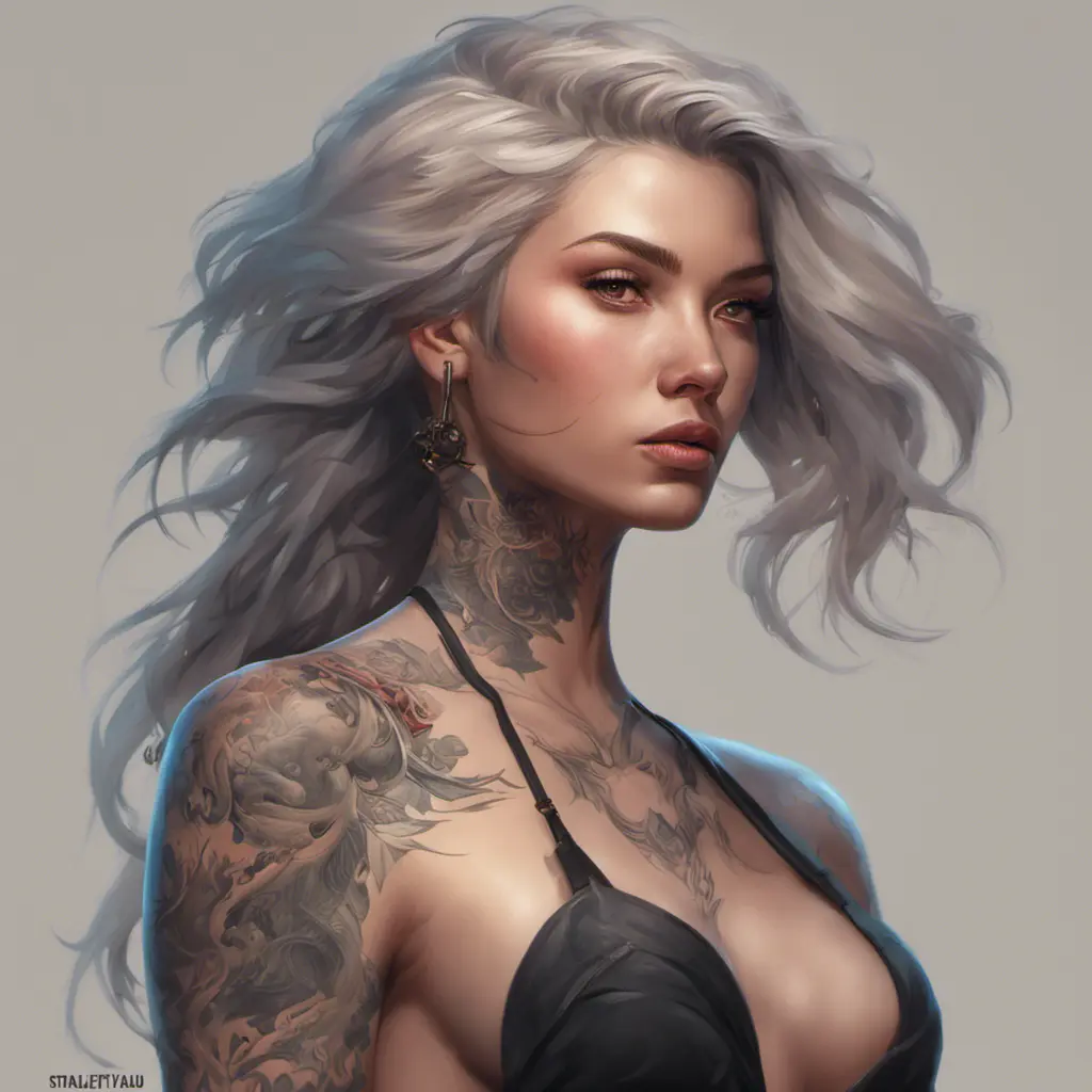 Matte portrait of Lyx with tattoos, 8k, Highly Detailed, Powerful, Alluring, Artstation, Magical, Digital Painting, Photo Realistic, Sharp Focus, Volumetric Lighting, Concept Art by Stanley Artgerm Lau, Alphonse Mucha, Greg Rutkowski