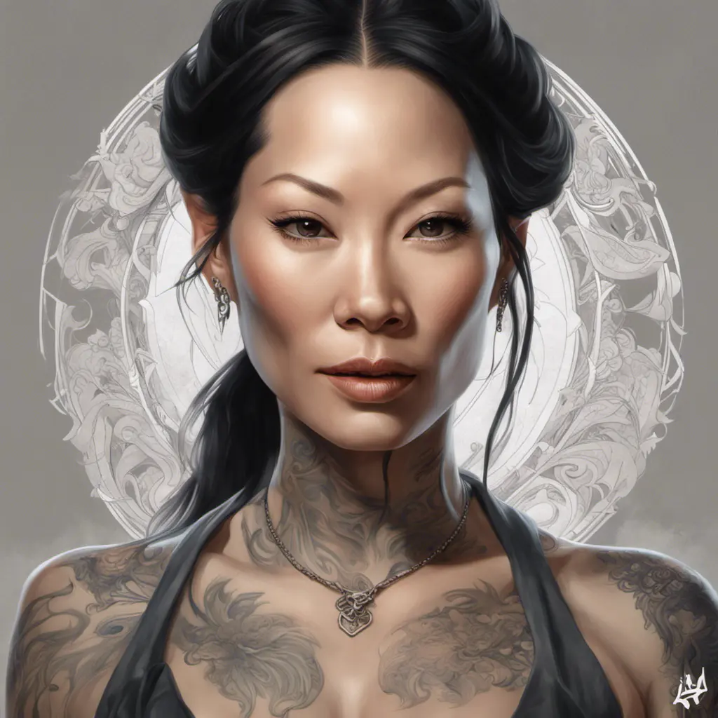 Matte portrait of Lucy Liu with tattoos, 8k, Highly Detailed, Powerful, Alluring, Artstation, Magical, Digital Painting, Photo Realistic, Sharp Focus, Volumetric Lighting, Concept Art by Stanley Artgerm Lau, Alphonse Mucha, Greg Rutkowski