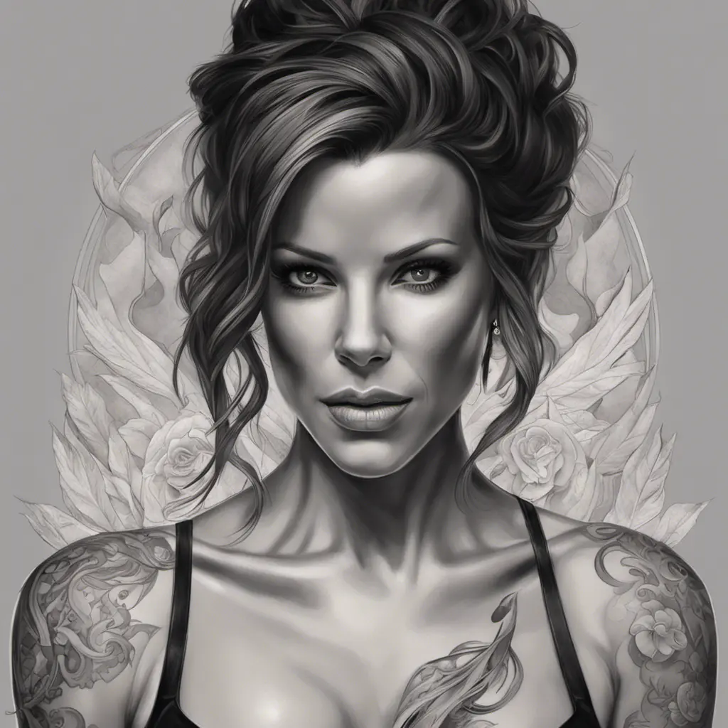 Matte portrait of Kate Beckinsale with tattoos, 8k, Highly Detailed, Powerful, Alluring, Artstation, Magical, Digital Painting, Photo Realistic, Sharp Focus, Volumetric Lighting, Concept Art by Stanley Artgerm Lau, Alphonse Mucha, Greg Rutkowski