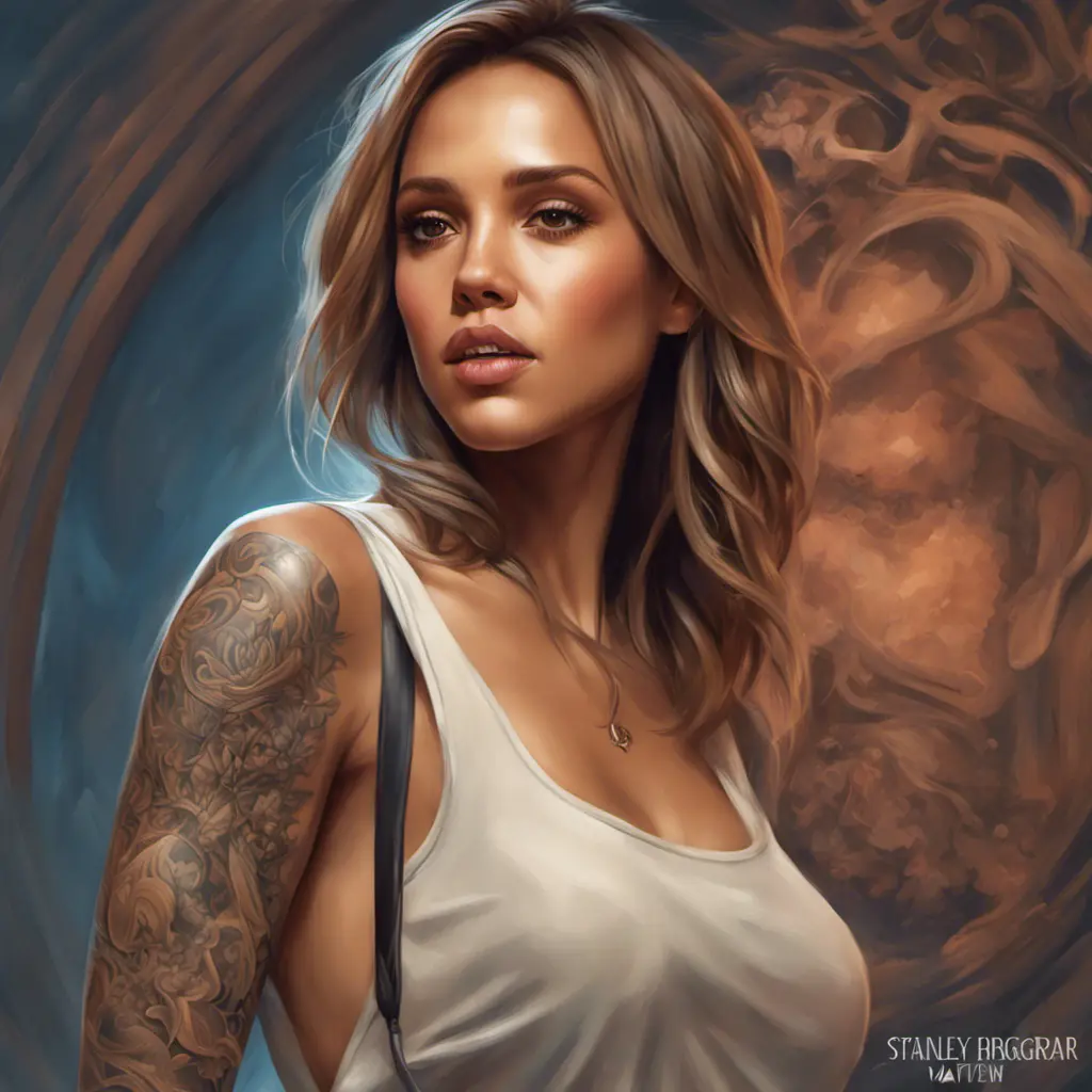 Matte portrait of Jessica Alba with tattoos, 8k, Highly Detailed, Powerful, Alluring, Artstation, Magical, Digital Painting, Photo Realistic, Sharp Focus, Volumetric Lighting, Concept Art by Stanley Artgerm Lau, Alphonse Mucha, Greg Rutkowski