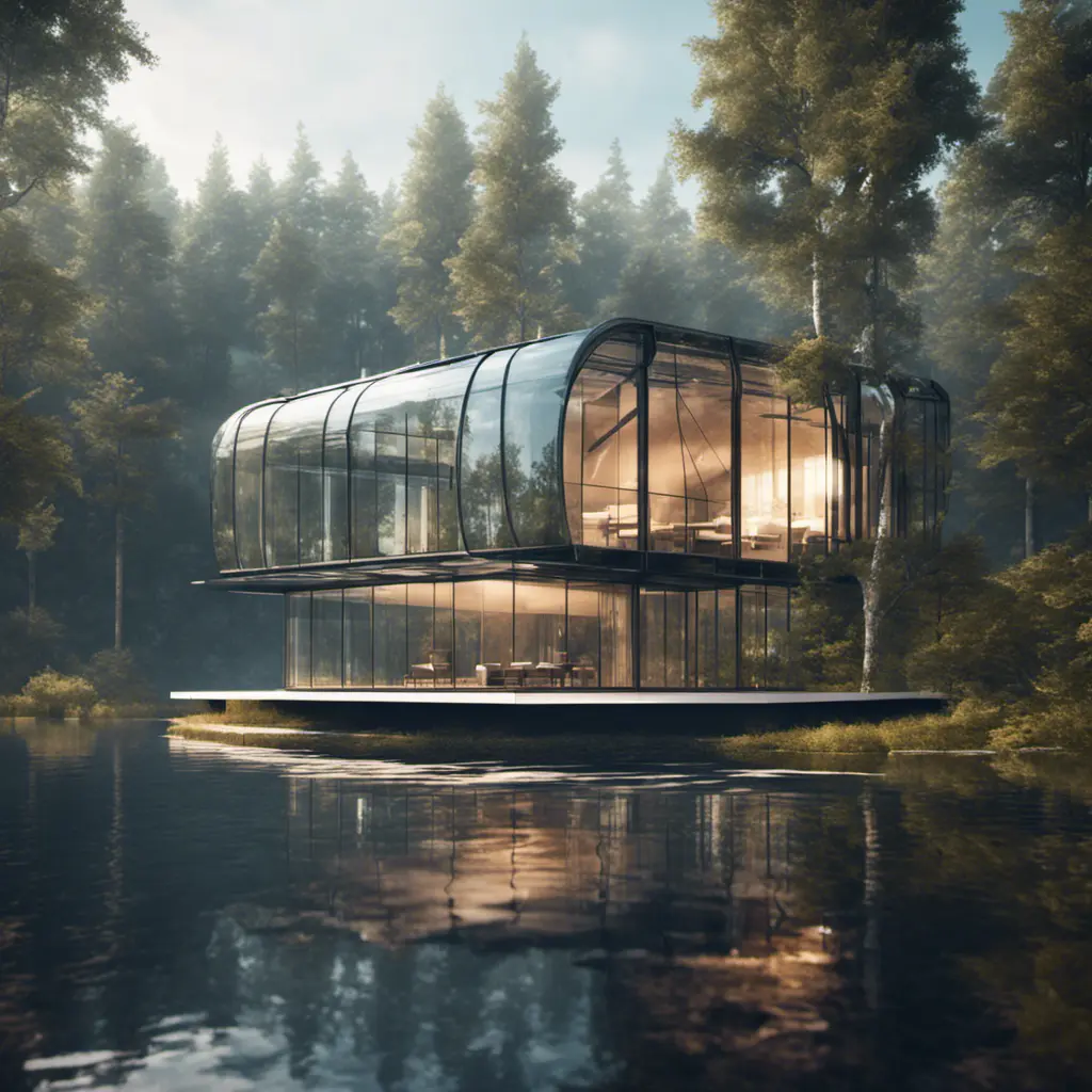 Beautiful futuristic architectural glass house in the forest on a large lake, 8k, Award-Winning, Highly Detailed, Beautiful, Epic, Octane Render, Unreal Engine, Radiant, Volumetric Lighting by Hans Baluschek