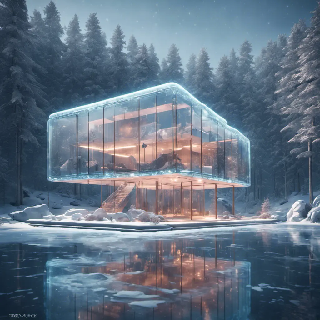 Beautiful futuristic architectural bright glass house in the forest on a giant frozen lake, 8k, Award-Winning, Highly Detailed, Beautiful, Epic, Octane Render, Unreal Engine, Radiant, Volumetric Lighting by Greg Rutkowski